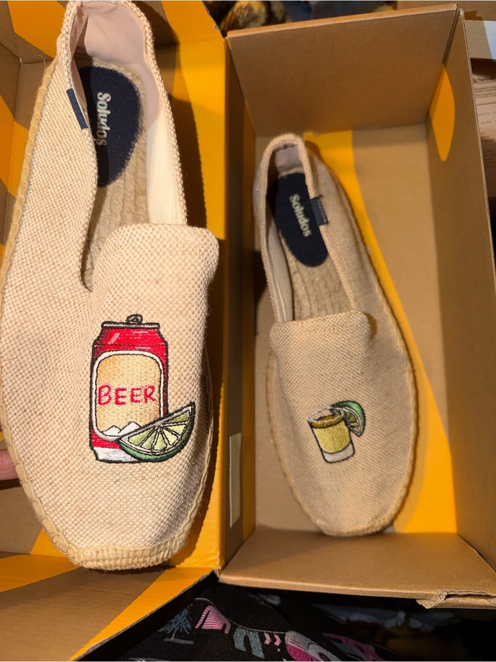 Soludos Beige Canvas Slip-Ons with Beer & Lime Embroidery